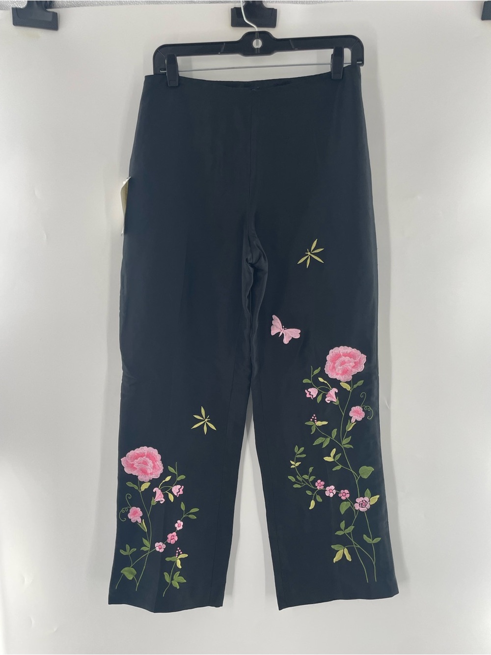 Ann Taylor Black 100% Silk Cropped Pants with Pink Floral & Butterfly Embroidery